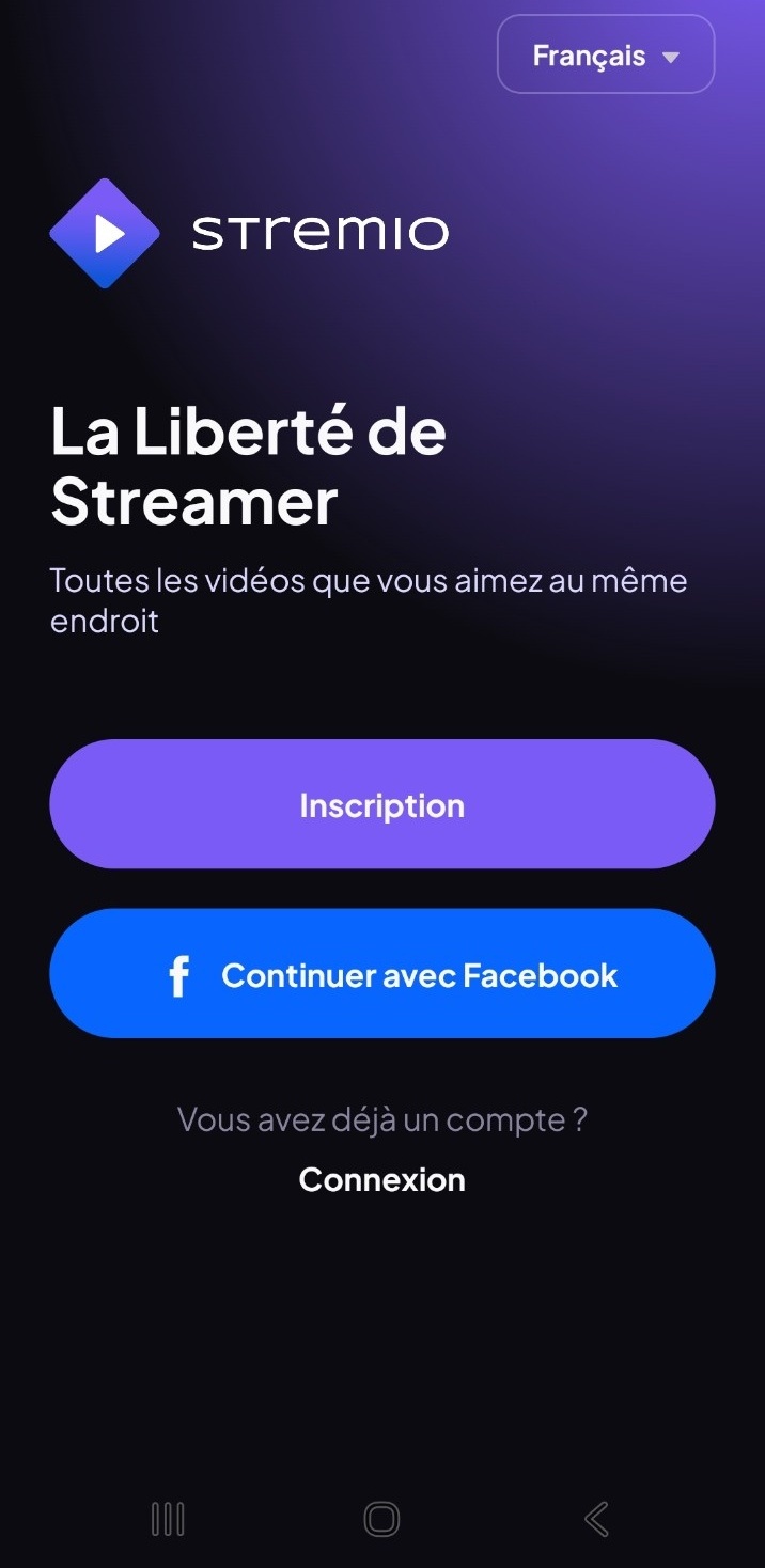Écran d'ouverture de Stremio avec le bouton Inscription