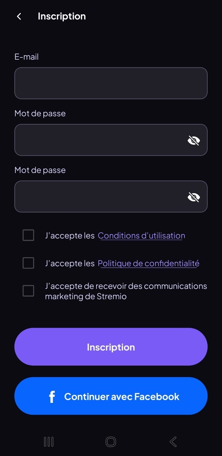 Formulaire d'inscription Stremio
