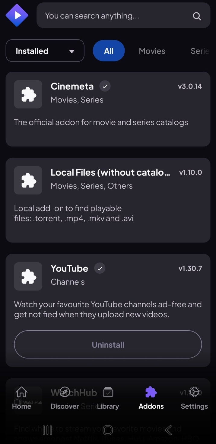 Liste des add-ons dans Stremio